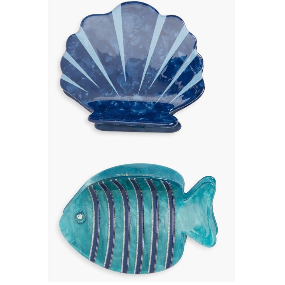 Frasier Sterling Amalfi Hair Claw Clip Fish Shell Blue 3" Set Of 2 NEW